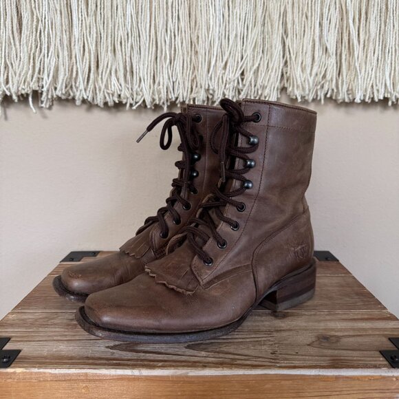 Raywelt Shoes - Raywelt Brown Leather Square Toe Fringe Roper Lace Up Ankle Boot Size  7.5